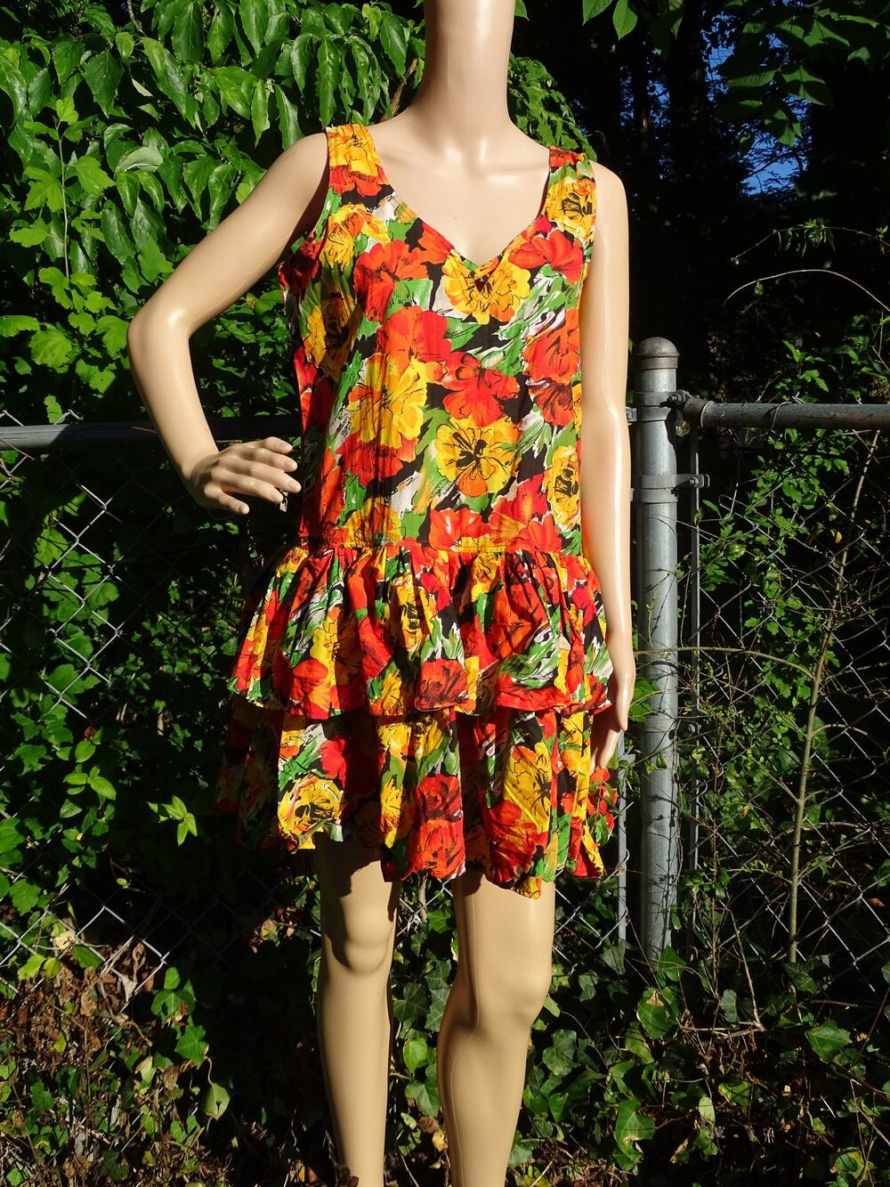 Vintage 80s Floral Cotton Dress Medium Cottagecore Tropical Grunge Midi